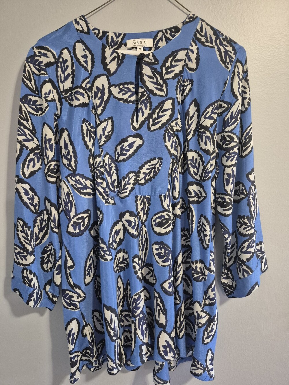 Masai Blue Leaf-Print Women's Blouse Size Medium